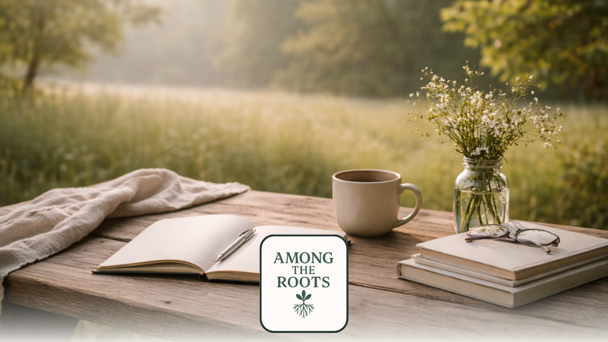 Sunlit outdoor table with notebook, coffee, and wildflowers representing calm, steady visibility that feels natural rather than forced