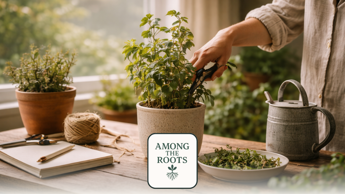 Hands gently pruning a plant in natural light, representing thoughtful refinement and removing what no longer supports healthy growth