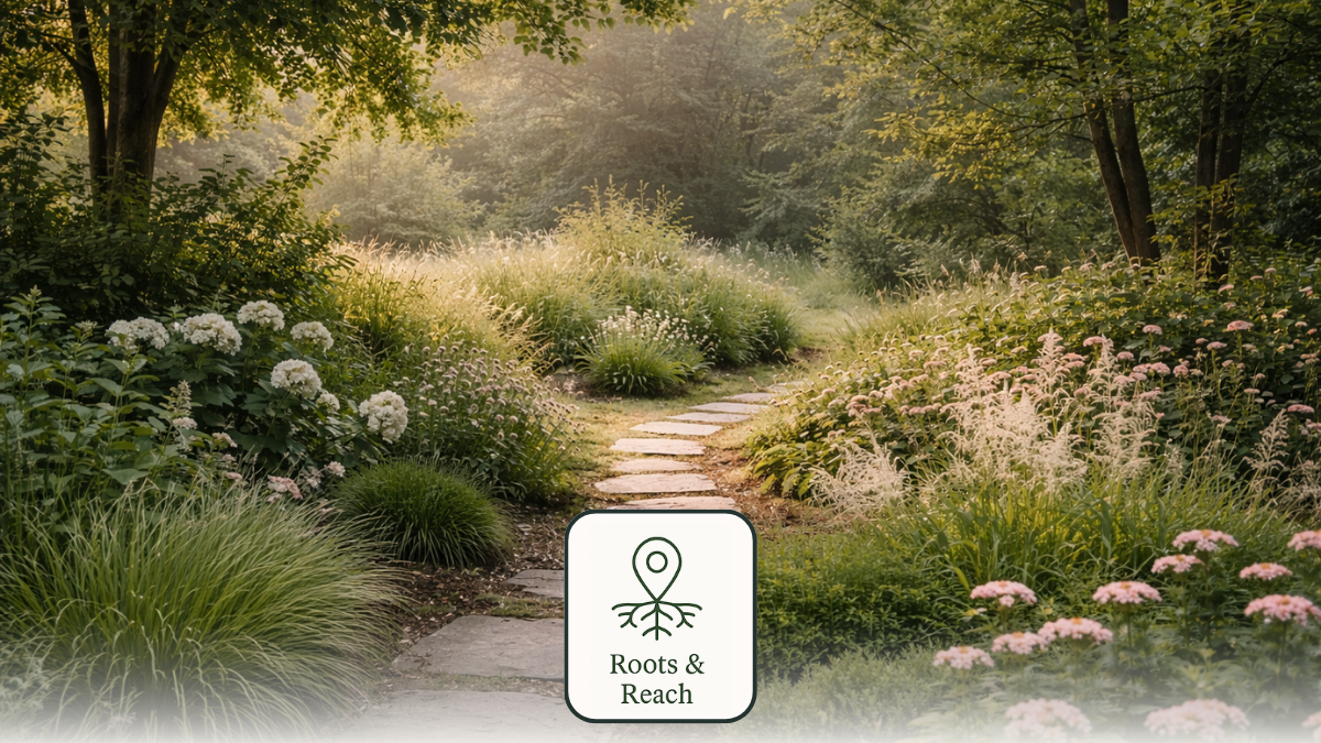 Garden path winding through layered greenery, symbolizing steady, structured growth built over time rather than quick bursts of effort