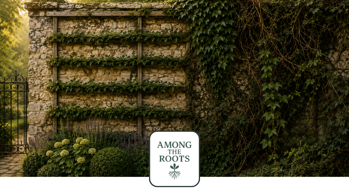 Stone garden wall with neatly trained ivy beside overgrown vines, illustrating the contrast between intentional care and unmanaged growth.