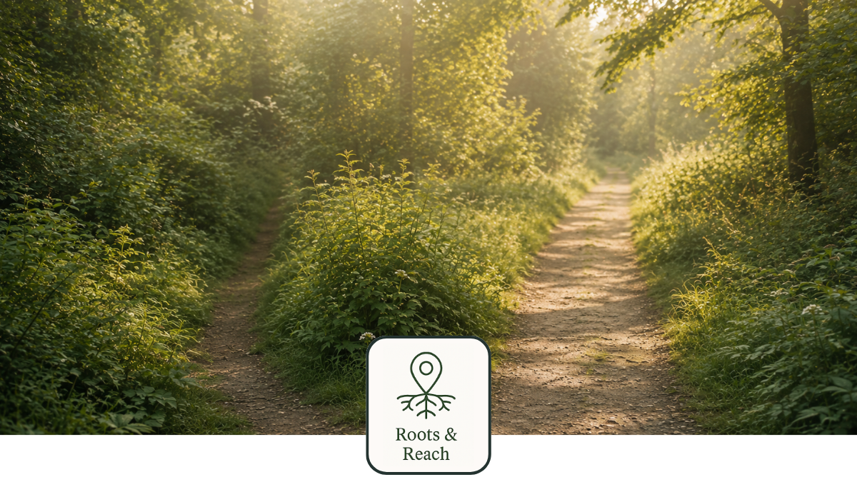 Sunlit woodland trail dividing into two paths, with one clear path and one overgrown path disappearing into the forest.